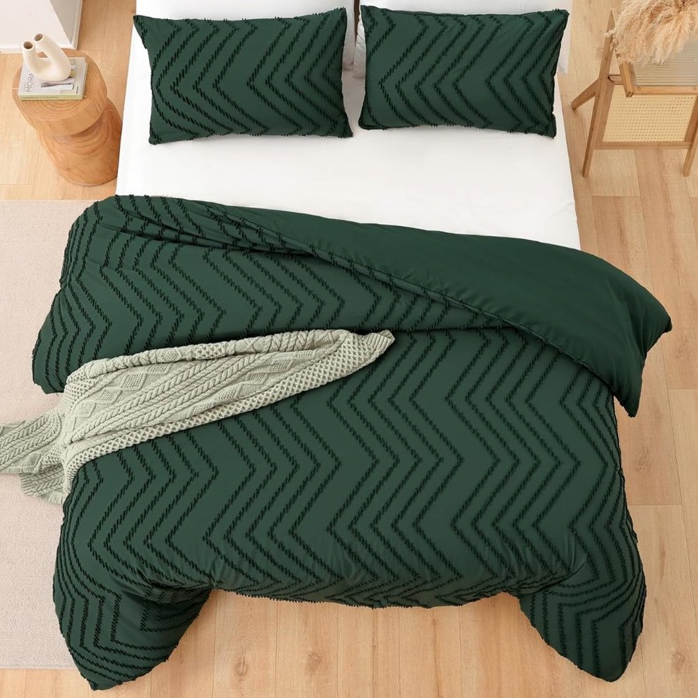 Forest Green Chevron Textured Queen Size Comforter Shams Set Pine Zigzag Bedding